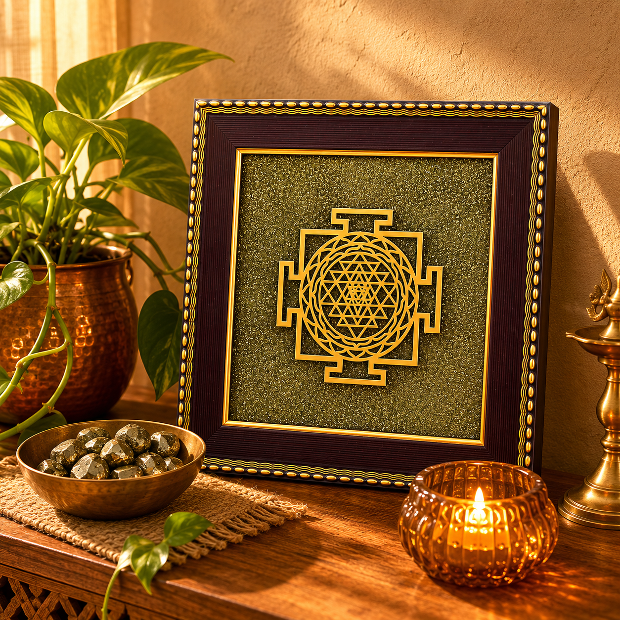 Sri Yantra On Raw Pyrite Frame for Sacred Energy - Invite abundance and divine energy into your home