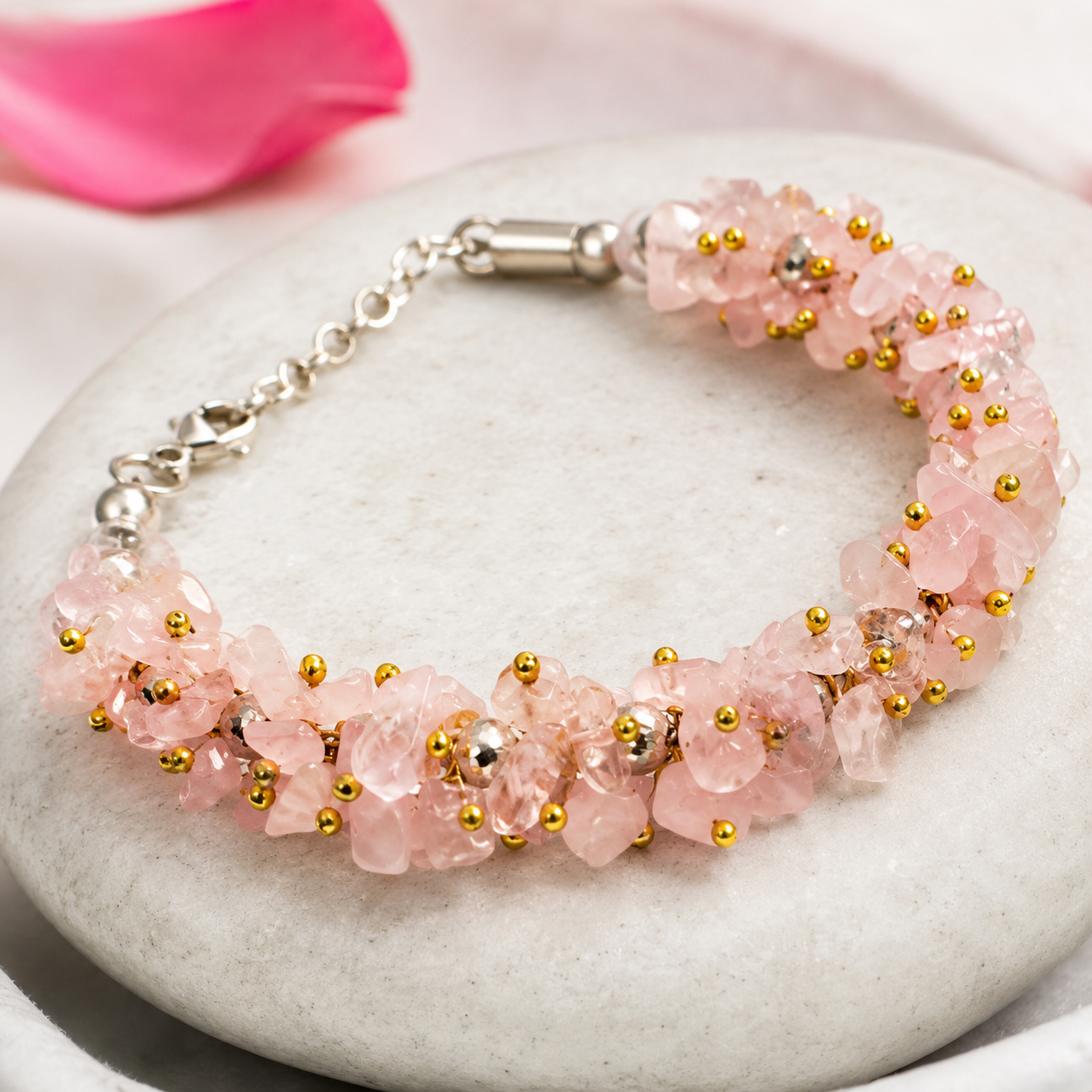 Rose Quartz Crystal Chip Bracelet with Gold Seed Beads – Love & Harmony Healing Bracelet