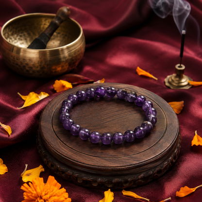 Shukham Natural Amethyst Crystal Bracelet – Polished Gemstone Beads for Positive Energy & Spiritual Protection