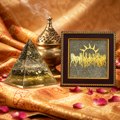 Pyrite Orgonite Money Magnet Pyramid & Seven Running Horses Wall Frame – Prosperity & Abundance Combo Set
