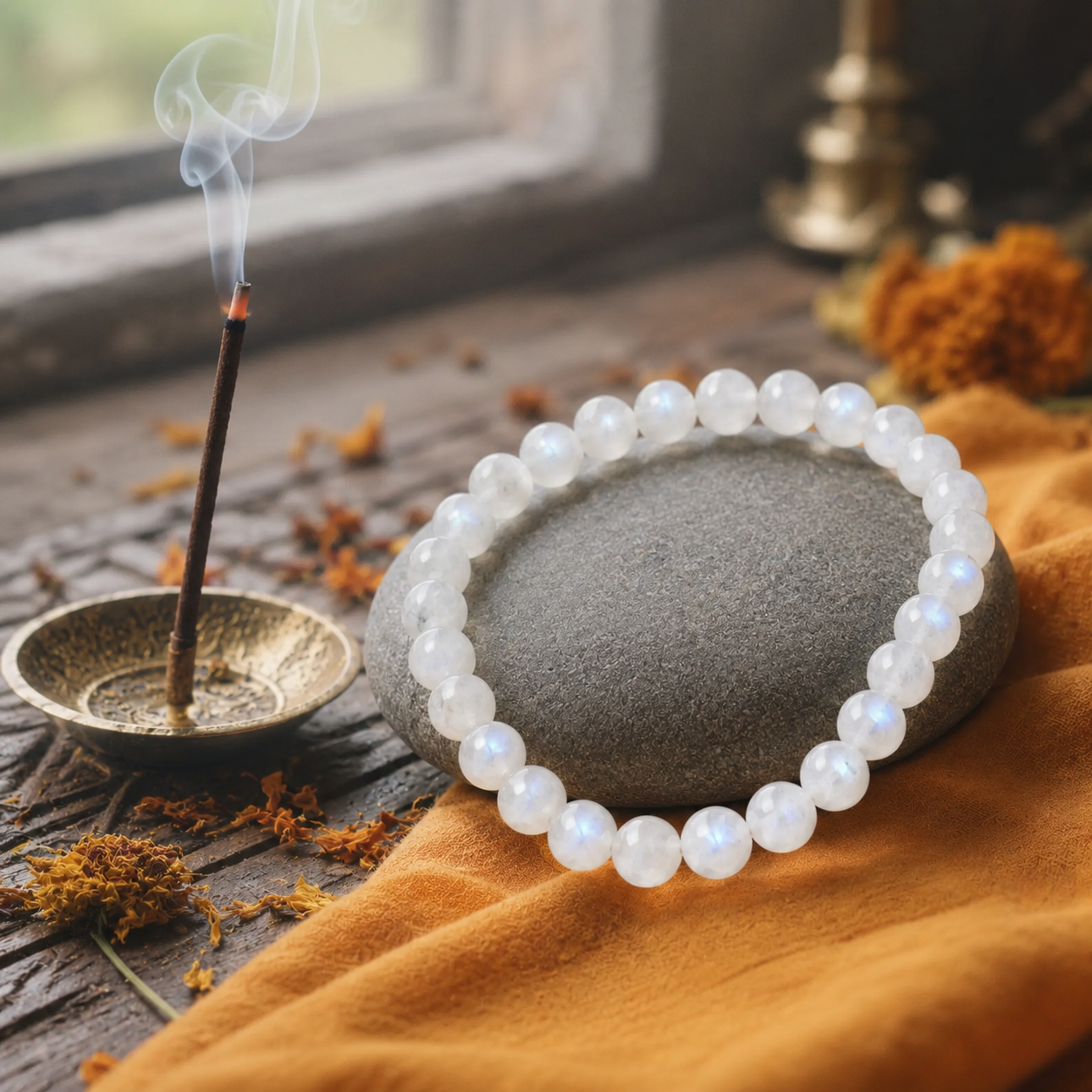 Shukham Natural Rainbow Moonstone Bracelet – Adularescence Crystal Healing Bead Bracelet for Positivity & Protection