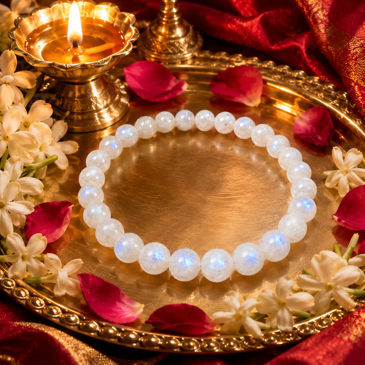 Shukham Natural Rainbow Moonstone Bracelet – Adularescence Crystal Healing Bead Bracelet for Positivity & Protection